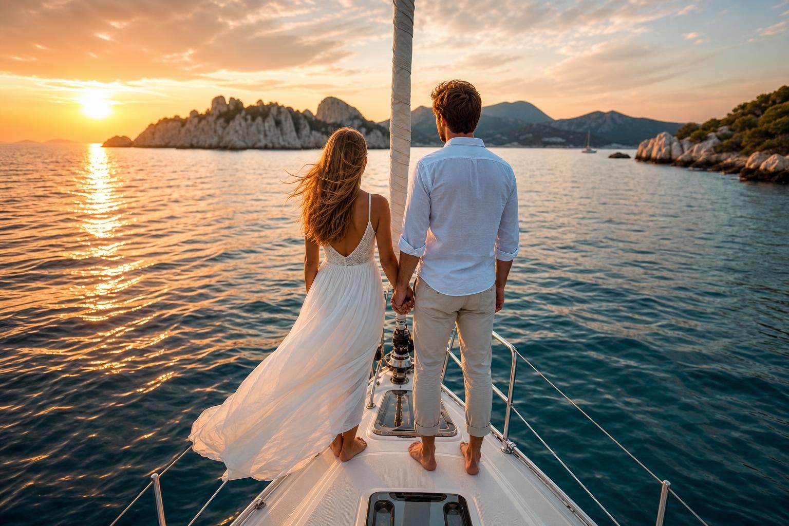 Newlyweds standing on the bow of a sailing yacht at sunset