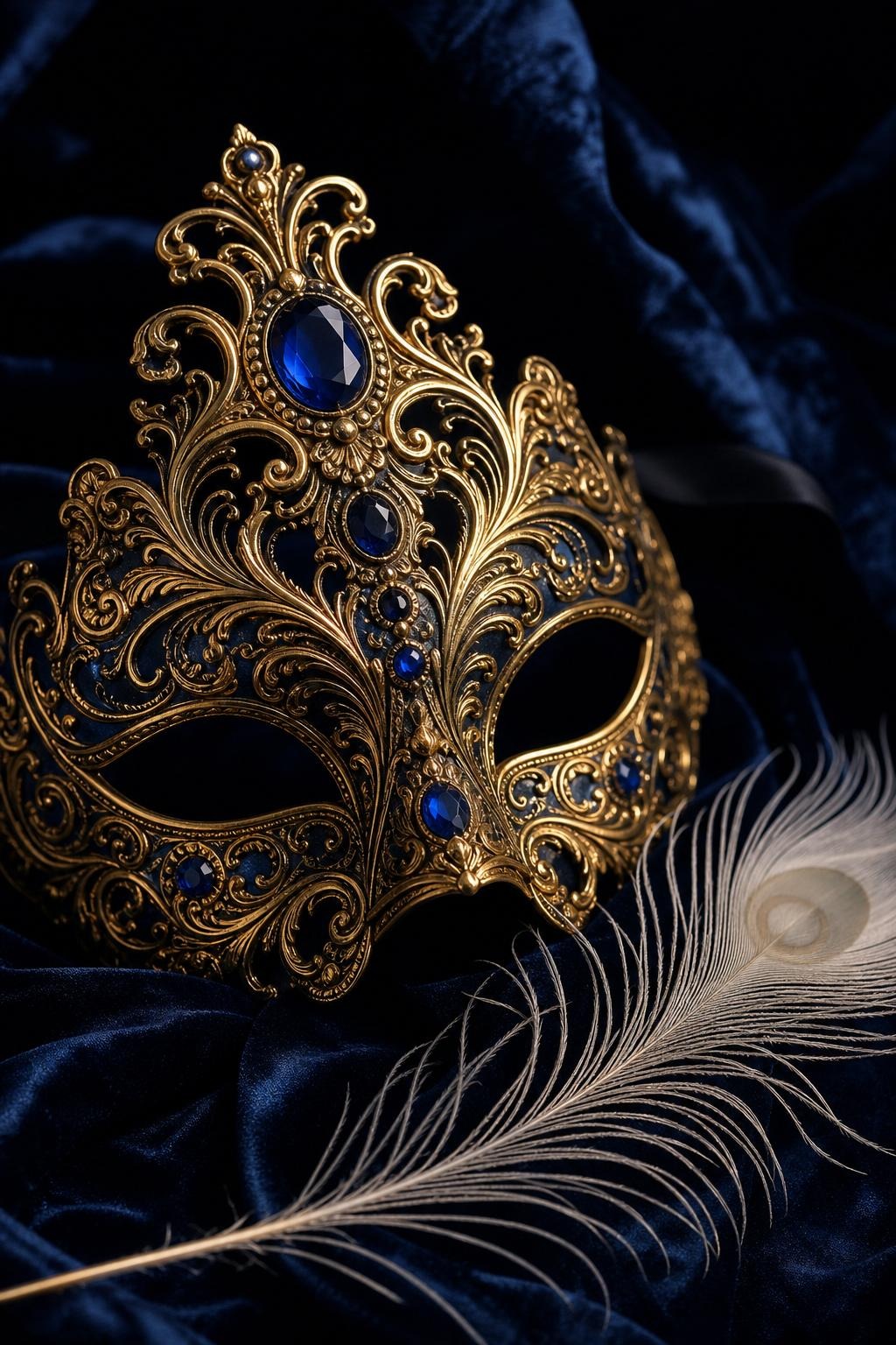 Gold Venetian mask resting on blue velvet